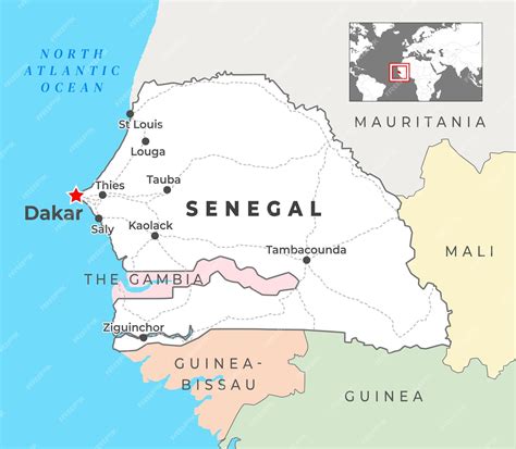 Mapa político de senegal con capital dakar ciudades más importantes con ...