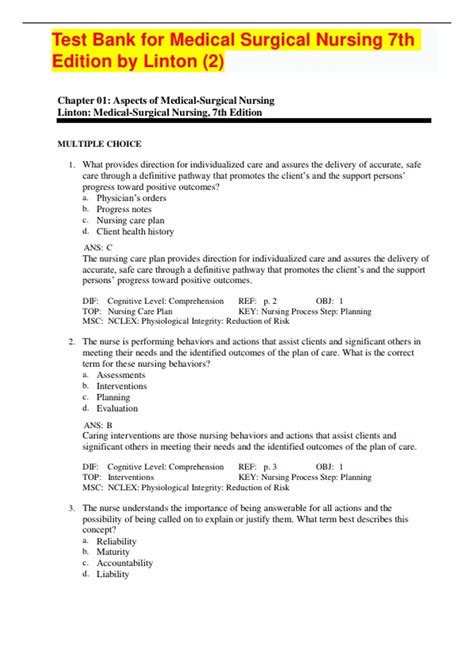 Test Bank for Medical Surgical Nursing 7th Edition by Linton (2 ...