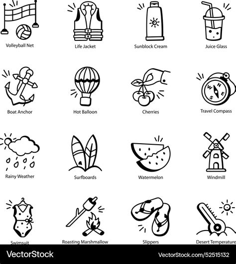 Pack of summer fun doodle icons Royalty Free Vector Image