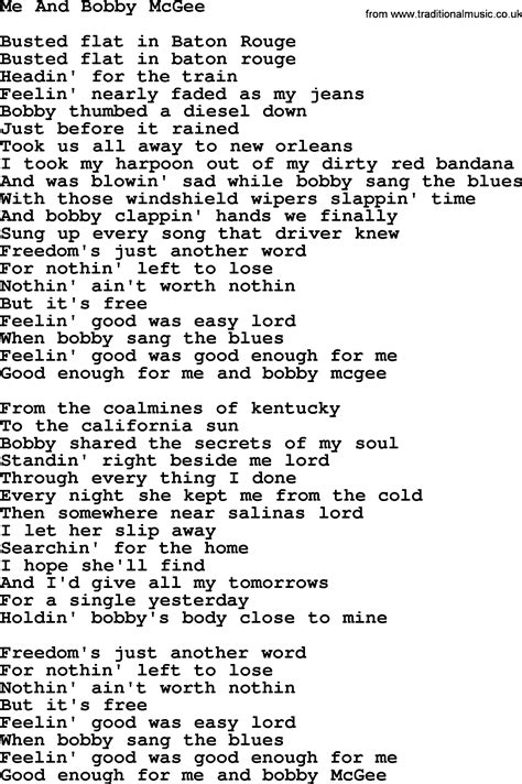 Me And Bobby Mcgee, by Gordon Lightfoot, Lyrics
