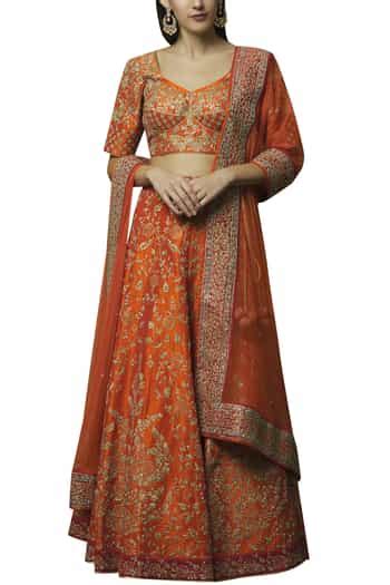 Buy Orange Dupion Raw Silk Leaf Neck Embroidered Bridal Lehenga Set For ...