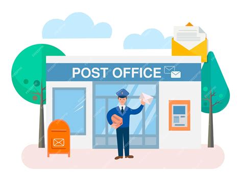 Premium Vector | Post office postman with envelope sending and ...