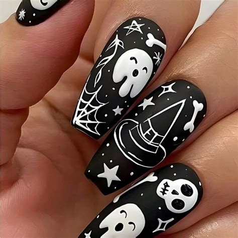 24pcs A Black And White Star Ghost Nail Art Film Halloween Long Wearing ...