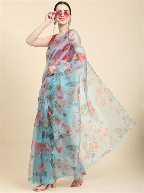 Buy Sky Blue Digital Printed Organza Saree With Satin Maroon Blouse ...
