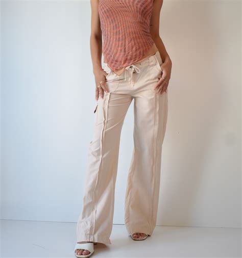 Y2k Low Rise Linen Beige Cargo Pants / Linen Flared Cargo - Etsy