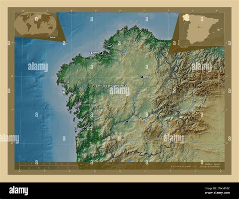 Galicia, autonomous community of Spain. Colored elevation map with lakes and rivers. Locations ...
