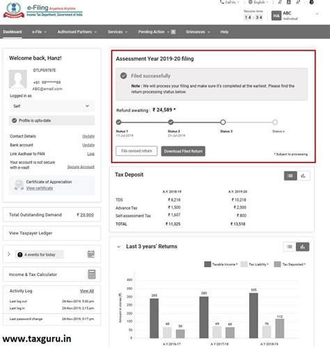 Dashboard and Worklist (Taxpayer) on Income Tax Website