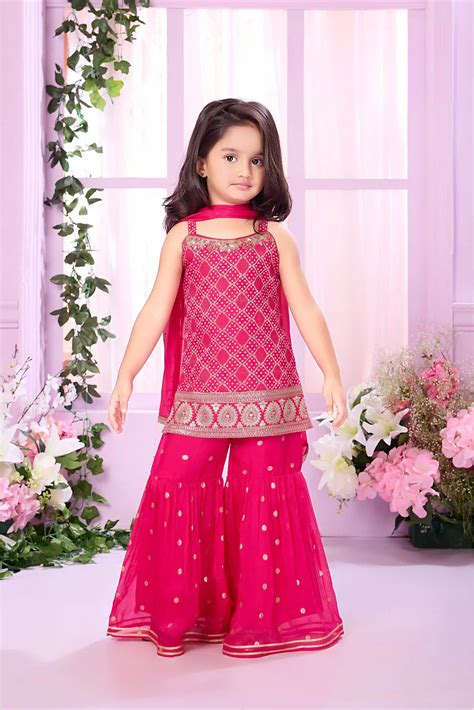 Hot Pink Embroidered Sharara Set with Sleeveless Kurti And Dupatta For ...