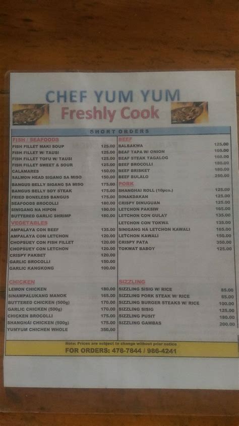 Menu at Chef Yum Yum restaurant, San Pedro