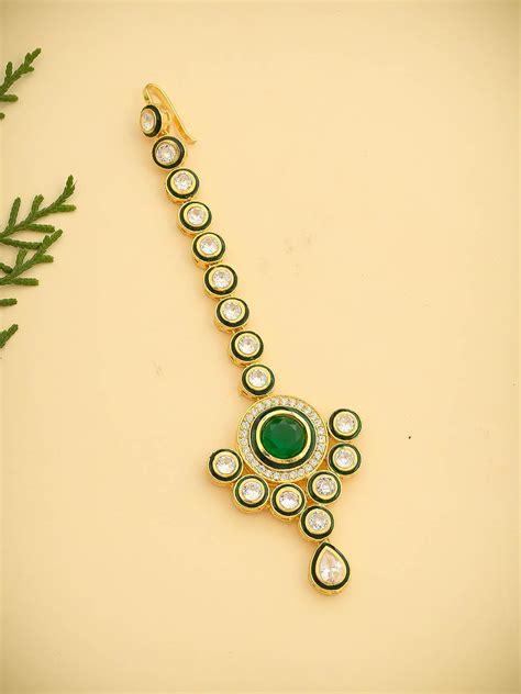 Buy Traditional Emerald Green Gold Plated Kundan Maang Tikka Head ...