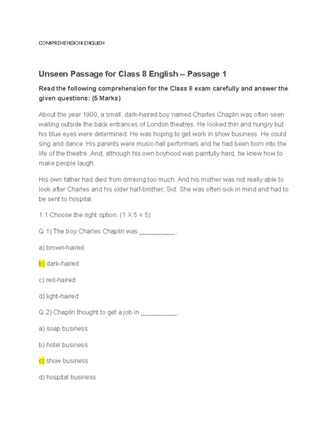 CBSE Class 8 English Unseen Passage Comprehension Practice - Studocu