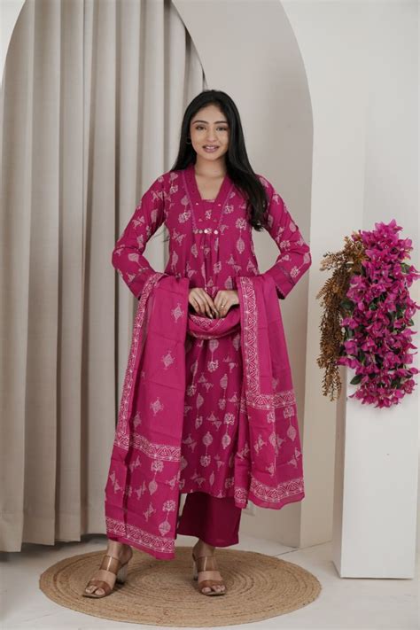 Naisha K 482 Jaipuri Cotton Mirror Work A Line Kurti Pant And Dupatta