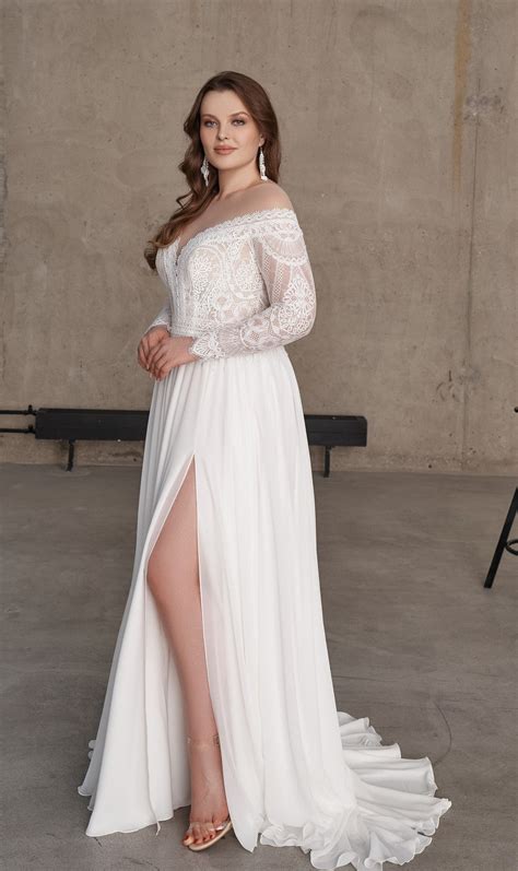 Plus Size Boho Wedding Dress Long Lace Sleeves Wedding Dress Chiffon Airy Wedding Dress With ...
