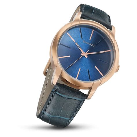 Buy Online Sonata Beyond Gold Quartz Analog Blue Dial Leather Strap ...