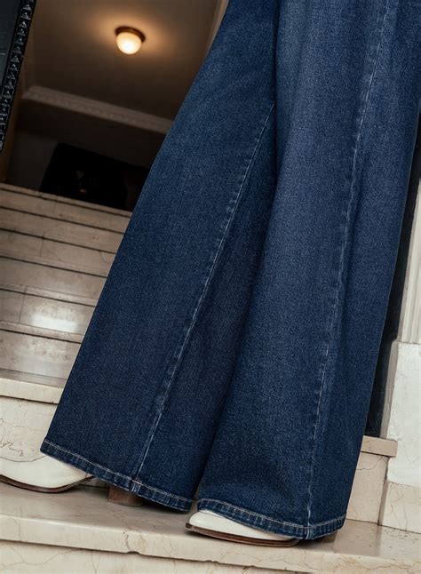 Washed Indigo Denim Pleated Wide Leg Buckle Flare Jean & Phix