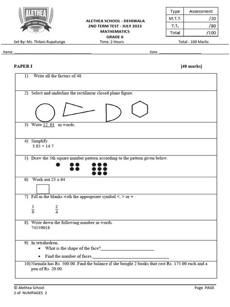 Image result for Grade 6 Math Test Printable