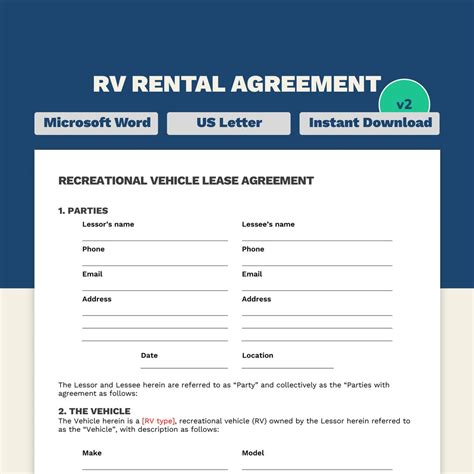 RV Rental Agreement Short Term Rental RV Camper Word 4 Page Template - Etsy