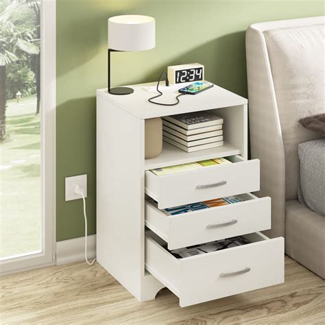 White Nightstand with Wireless Charging Station and LED Lights, Modern ...