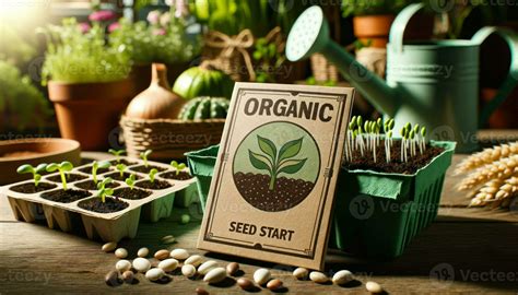 Close-up photo of blank organic seed packets prominently displayed in ...