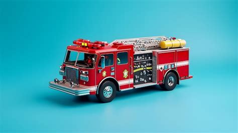 Firefighters battling blaze with fire truck and hoses in light blue ...