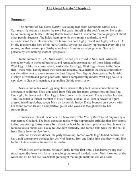 The Great Gatsby Summary Of Chapter 1