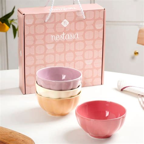 Pastel Gloss Finish Ceramic Bowl Set Of 4 400ml Online | Nestasia