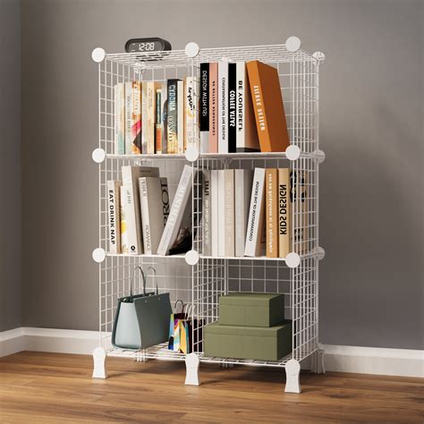 BOXJOY Metal Mesh 6 Shelf White Cube Storage Rack with Feet - Bookcase