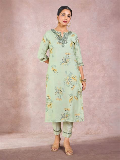 Pista Green Viscose Linen Printed Kurti & Bottom With Hand Work