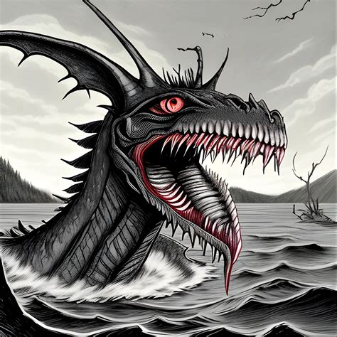 jabberwock appears from the lake with biting teeth and menacing stare ...