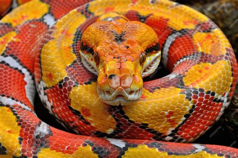 Premium Photo | Close up of wild red and yellow snake head with scales ...