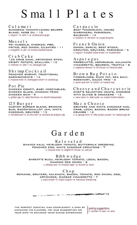 Menu at Hideout 125 steakhouse, Fort Wayne