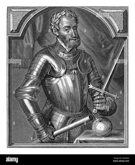 Half-length portrait of Charles V at the age of 58. He wears armor and ...