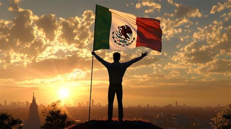 Silhouette of a person proudly holding the mexican flag at sunset over ...