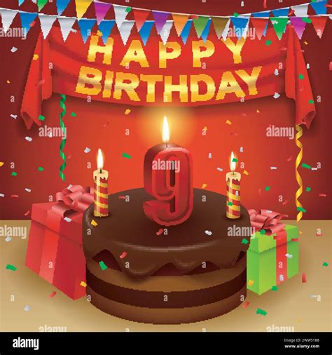 Happy 9th Birthday with Chocolate Cream Cake and Triangular Flag ...