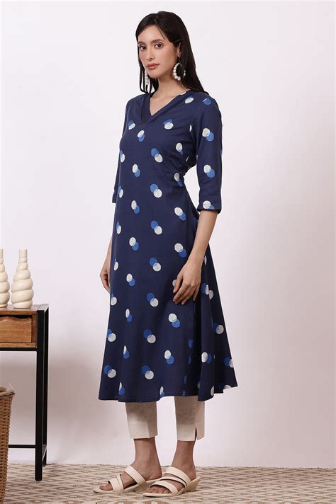 Buy Midnight blue Polka Dots Cotton Rayon A-line Kurta Online for Woman ...