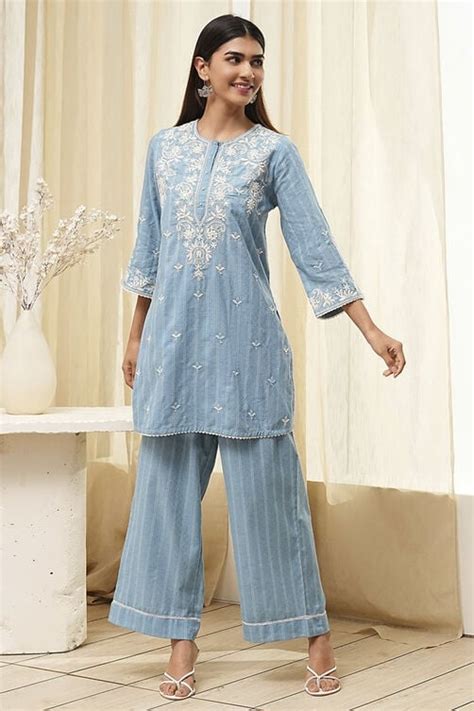 Buy Blue Cotton Embroidered Straight Kurta Set Online at Biba India