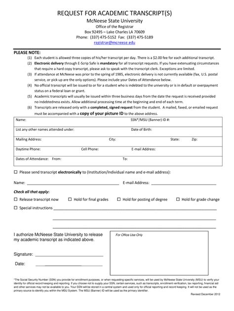 2012-2026 Form McNeese Request Academic Transcript - Blank Fillable ...