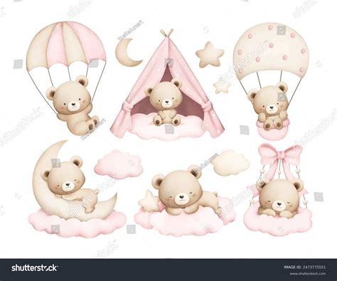 Watercolor Illustration Set Cute Baby Teddy Stock Vector (Royalty Free ...