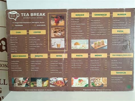 Menu at Tea Break, Dibrugarh
