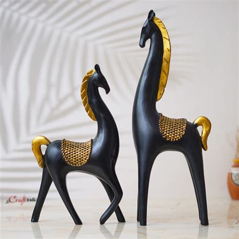Set of 2 Black Horse Statues with Golden Hair Decorative Animal Figuri ...