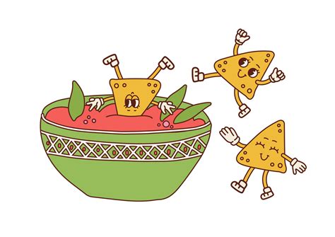 Nachos retro cartoon characters having fun. Nacho dip in bowl. Nacho ...