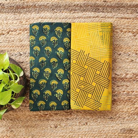 Top Bottom Combo Pure Cotton Ajrak Green With Yellow Hand Block Print ...