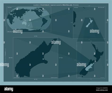 Canterbury, regional council of New Zealand. Diagram showing the location of the region on ...