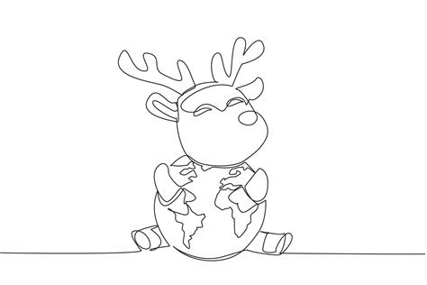 Continuous one line drawing cute deer hugging globe. Maintaining balance of nature so that they ...