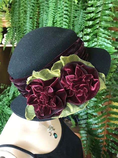 Womens Black Hat Black Hat With Velvet Flowers Panama Hat Black Felt ...
