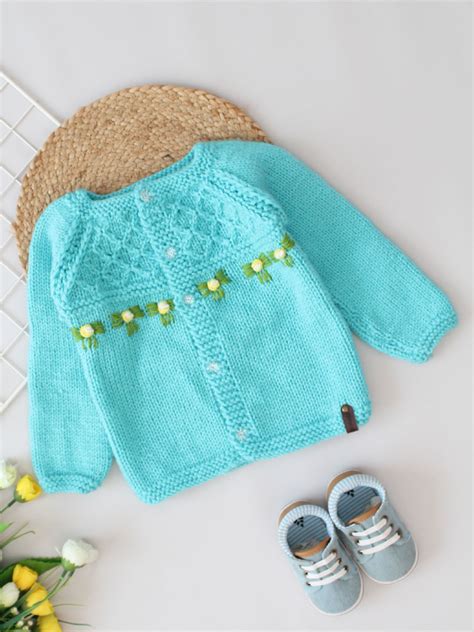 Handknitted Waffle Stitch Floral Embroidered Sweater -Turquoise