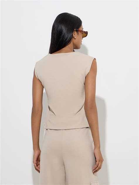 Buy LOV Beige Solid Cotton-Blend Top from Westside