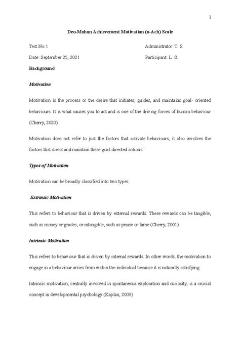 Deo-Mohan Achievement Motivation Test Report (n-Ach) Analysis - Studocu