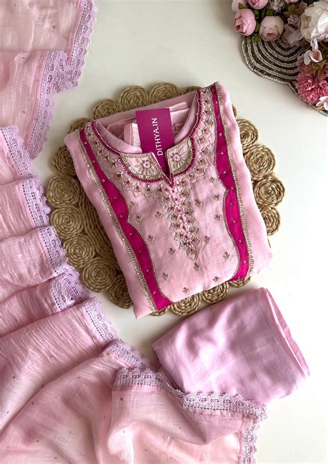 K297 - Mul Chanderi Aline handwork Kurti with pants and dupatta – Dithya.in