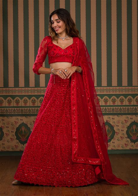 Buy Red Stonework Net Semi Stitched Lehenga - Koskii